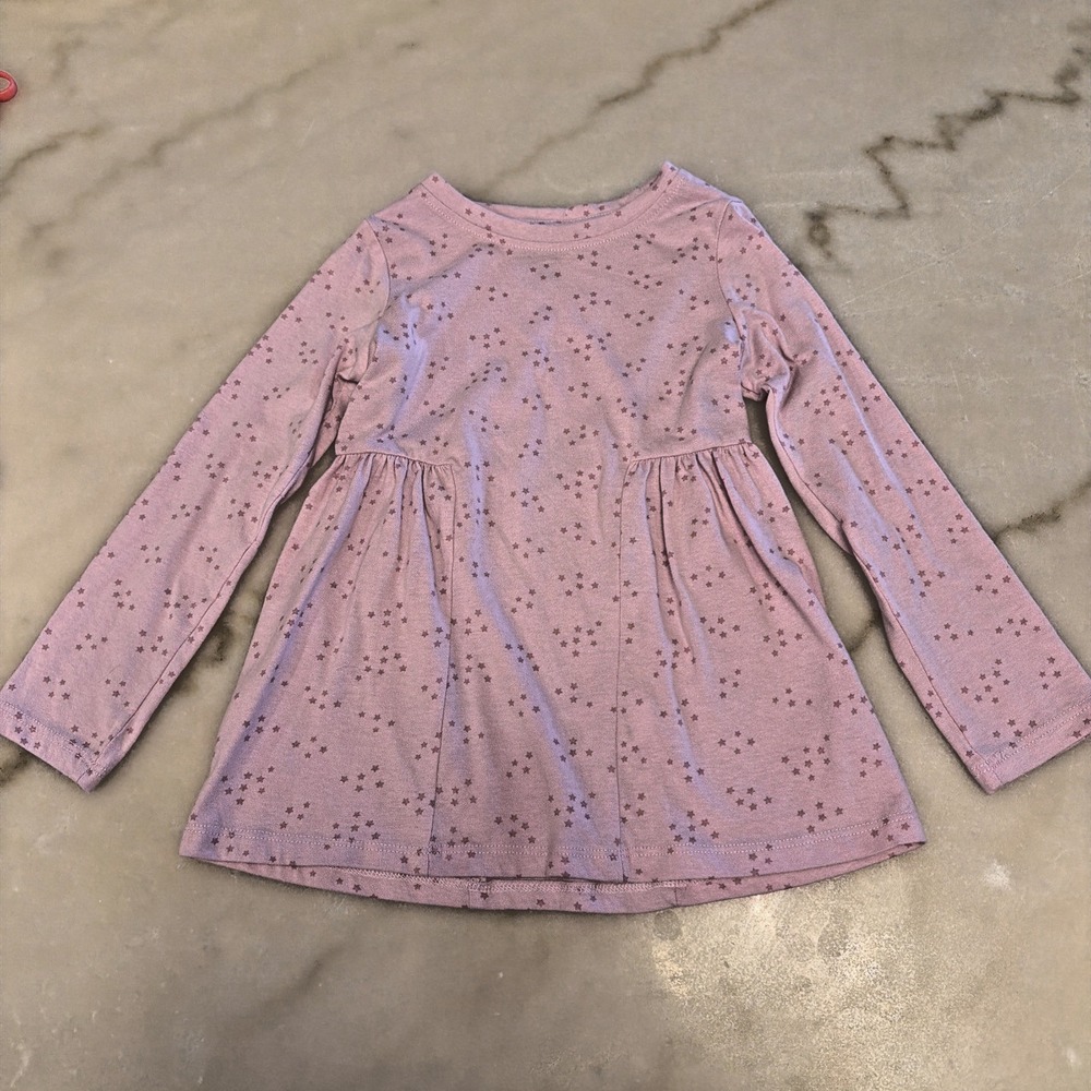 Lands' End Girls Long Sleeve A-Line Dress Size 5 Pink Stars Unique Waist Ruching